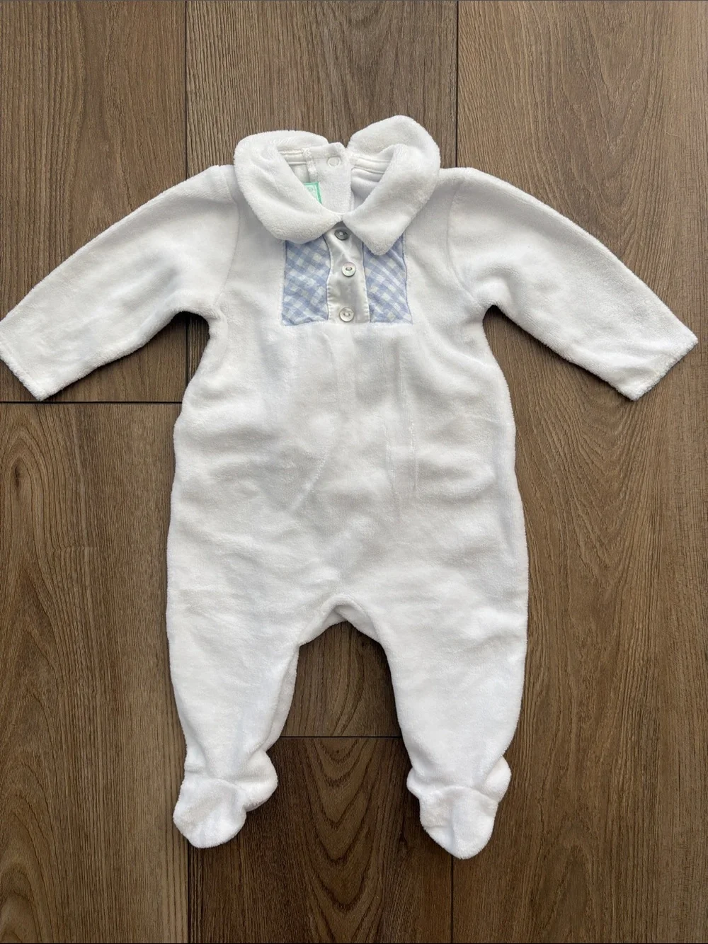 Baby Essentials White Footed One-Piece with Light Blue Gingham Chest Panel